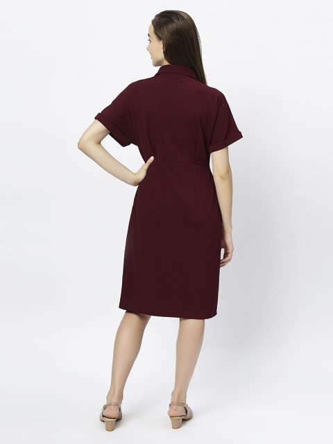 Ladies Knit Structured Collared V-Neck Knee Length Party Dress