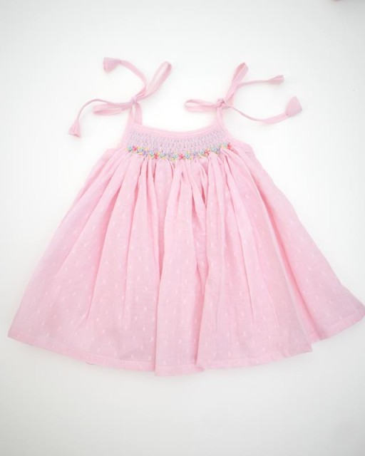 Charming Hand Embroidery Tie-Up Smocked Dress for Kids