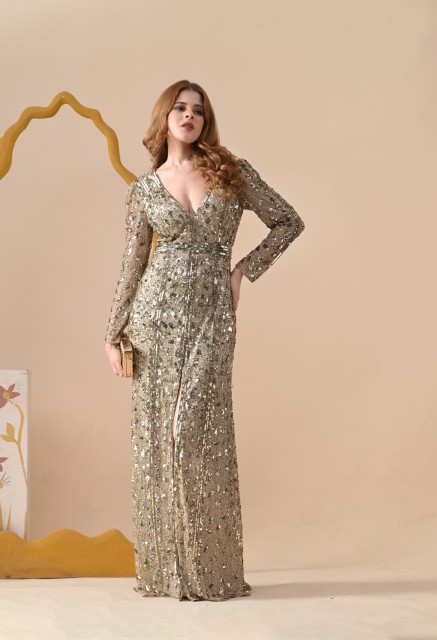 Champagne Gold Sequin Long Dress Mc001 with Slit & V-Neck in Otton Fabric